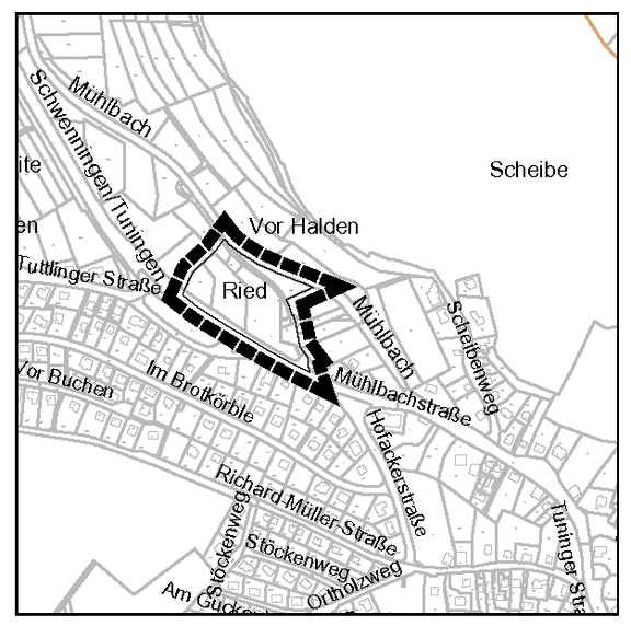 Karte mit hervorgehobenem, schwarz umrandetem Gebiet "Ried" in einem Wohngebiet zwischen Mühlbachstraße, Vor Halden und Richard-Müller-Straße.