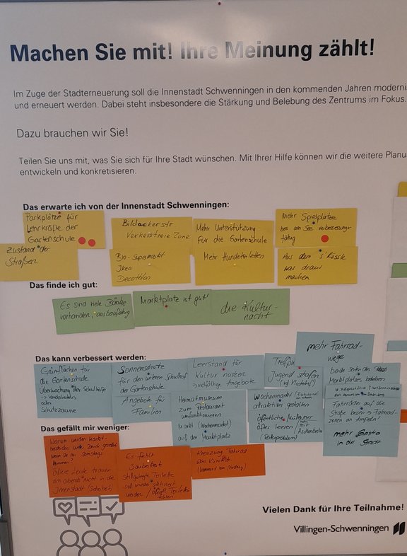 Infotafel mit Titel "Machen Sie mit! Ihre Meinung zählt!" zur Stadtentwicklung der Innenstadt Schwenningen. Bunte Haftnotizen in den Kategorien "Das erwarte ich", "Das finde ich gut" und "Das kann verbessert werden" sammeln Bürgerwünsche, Kritikpunkte und Vorschläge.