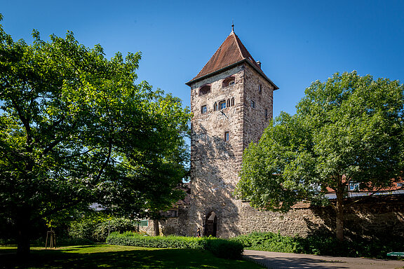 Mittelalterlicher steinerner Wehrturm mit spitzem Ziegeldach in einer Stadtmauer, umgeben von grünen Bäumen, Rasen und einem Weg unter klarem blauem Himmel.