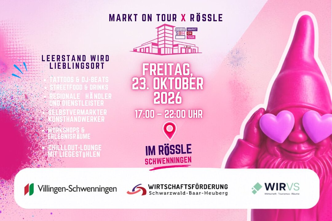 Plakat: Markt on Tour x Rössle in Schwenningen am 23.10.2026, 17-22 Uhr mit Musik, Streetfood und Workshops. (KI generiert)