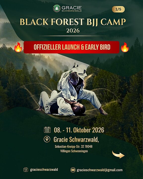 Plakat für Black Forest BJJ Camp 2026 in Schwarzwald mit zwei Kämpfern auf dem Boden. (KI generiert)