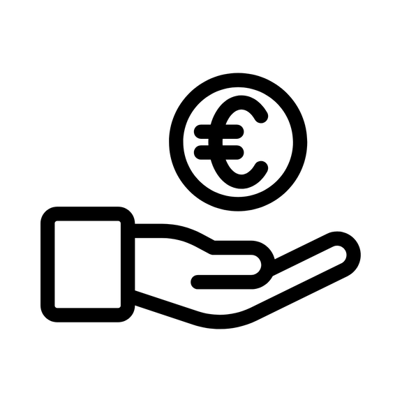 Ausgestreckte Hand mit schwebender Euro‑Münze (Eurozeichen im Kreis), Symbol für Zahlung oder finanzielle Unterstützung.