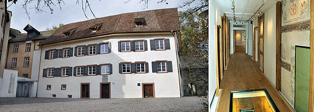 Links: Außenansicht eines historischen weißen Gebäudes mit mehreren Fenstern und dunklen Fensterläden vor einem Hof. Rechts: schmaler Innenflur mit Holzboden, Türöffnungen und eingelassenen Glasvitrinen im Boden.