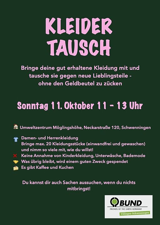 Plakat für Kleider-Tauschaktion: Bring Kleidung mit, tausche sie am 11.10., 11-13 Uhr in Schwennigen. (KI generiert)