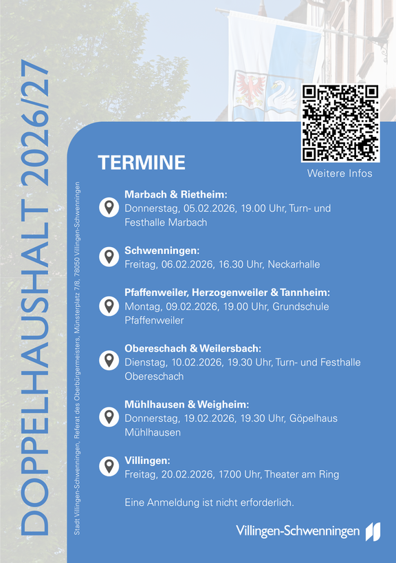 Die Termine im Überblick: 1. Marbach und Rietheim: Donnerstag, 05.02.2026, 19:00 Uhr, Turn- und Festhalle Marbach. 2. Schwenningen: Freitag, 06.02.2026, 16:30 Uhr, Neckarhalle. 3. Pfaffenweiler, Herzogenweiler und Tannheim: Montag, 09.02.2026, 19:00 Uhr, Schulaula Pfaffenweiler. 4. Obereschach und Weilersbach: Dienstag, 10.02.2026, 19:30 Uhr, Turn- und Festhalle Obereschach. 5. Mühlhausen und Weigheim: Donnerstag, 19.02.2026, 19:30 Uhr, Göpelhaus Mühlhausen. 6. Villingen: Freitag, 20.02.2026, 17:00 Uhr, Theater am Ring.
Hinweis: Eine Anmeldung ist nicht erforderlich.