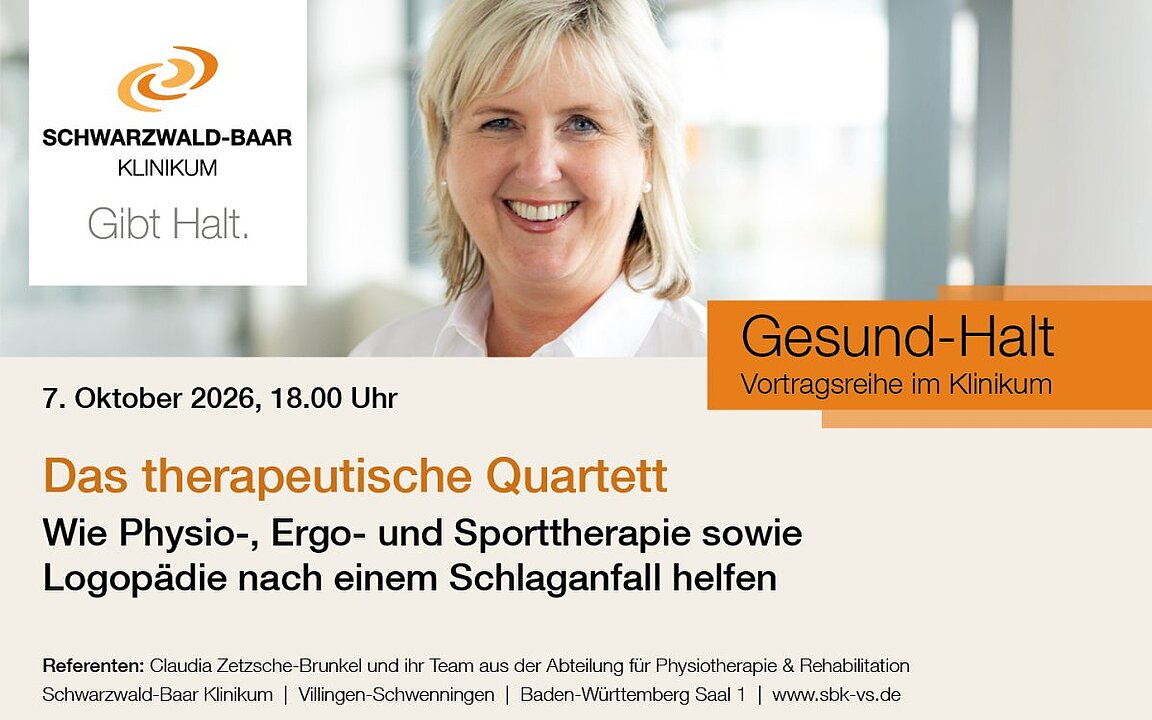 Vortrag im Klinikum: Therapeutisches Quartett nach Schlaganfall mit Physio-, Ergo-, Sporttherapie und Logopädie. (KI generiert)