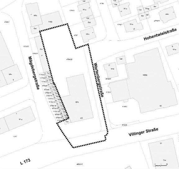 Schwarz-weißer Lageplan: ein Grundstück durch gepunktete Linie markiert, umgeben von Magdeburgerstraße, Wartenbergstraße, Villinger Straße und Hohentwielstraße; umliegende Gebäudekonturen dargestellt.