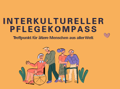 Interkultureller Pflegekompass — Treffpunkt für ältere Menschen aus aller Welt. Illustrierte diverse Seniorinnen und Senioren, teils mit Rollstuhl und Rollator. Begegnung & Sprache im Alter: Menschen kennenlernen, Deutsch sprechen, gemeinsam Zeit verbringen. Keine Anmeldung, keine Deutschkenntnisse erforderlich. Termine Sep–Okt, jeweils 10:30–12:00. Stadtbibliothek am Münster, Kanzleigasse 4, Villingen-Schwenningen.