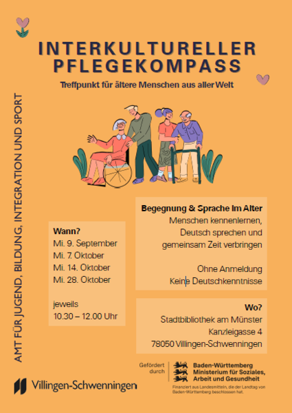 Interkultureller Pflegekompass — Treffpunkt für ältere Menschen aus aller Welt. Illustrierte diverse Seniorinnen und Senioren, teils mit Rollstuhl und Rollator. Begegnung & Sprache im Alter: Menschen kennenlernen, Deutsch sprechen, gemeinsam Zeit verbringen. Keine Anmeldung, keine Deutschkenntnisse erforderlich. Termine Sep–Okt, jeweils 10:30–12:00. Stadtbibliothek am Münster, Kanzleigasse 4, Villingen-Schwenningen.