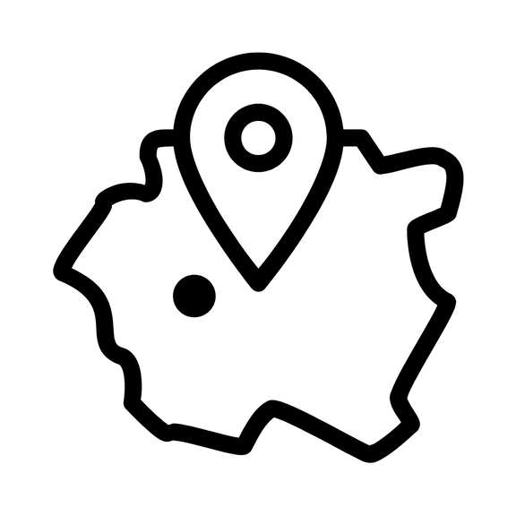 Umrisskarte Frankreichs mit einem großen Standort-Pin in der Mitte und einem kleinen Punkt als weiterer Standort.