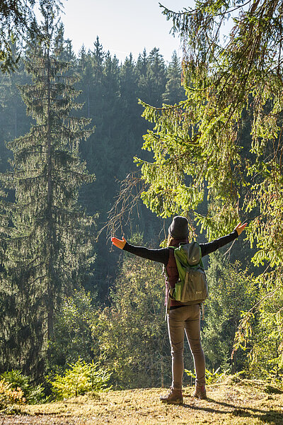 Person mit Rucksack steht auf Waldlichtung, Rücken zur Kamera, Arme ausgebreitet, blickt in sonnigen Nadelwald.