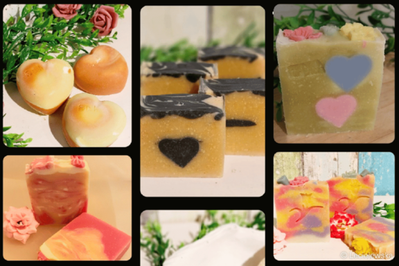 Collage handgemachter Seifen in Pastellfarben: herzförmige und rechteckige Stücke mit eingegossenen Herzmotiven, marmorierten Mustern und kleinen Blumenverzierungen.