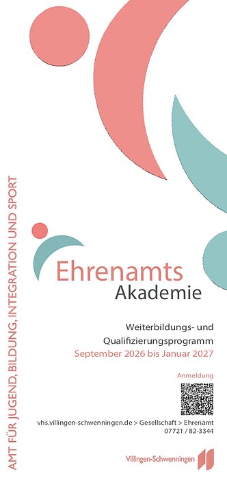 Plakat der Ehrenamtsakademie mit Weiterbildungsprogramm Sept 2026–Jan 2027, QR-Code zur Anmeldung. (KI generiert)
