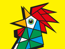 Das Bild zeigt das Logo der Südwestmesse: ein bunter Hahn vor einem gelben Hintergrund. 