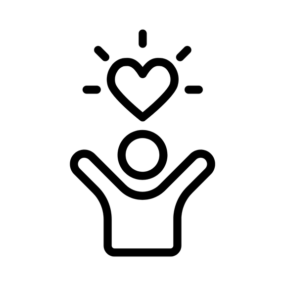 Piktogramm einer Person mit erhobenen Armen und einem strahlenden Herz darüber, symbolisiert Freude und Fürsorge.