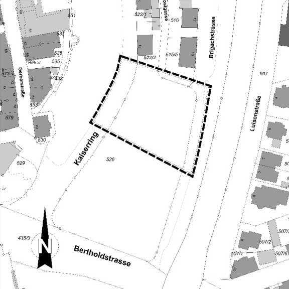Karte mit einem umrissenen Grundstück an der Kaiserringstraße, umgeben von benachbarten Straßen und Gebäuden. Eine Nordpfeilmarkierung zeigt die Ausrichtung. Das Grundstück ist deutlich durch eine durchgehende schwarze Linie gekennzeichnet.