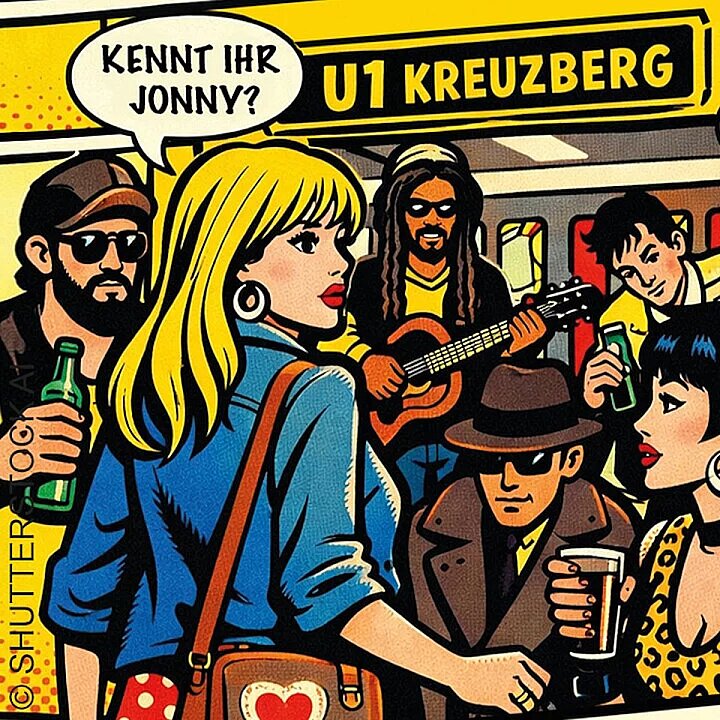 Comic-Figuren in U-Bahn-Umgebung: Jonny mit Gitarre, zwei Personen und ein Hund. (KI generiert)