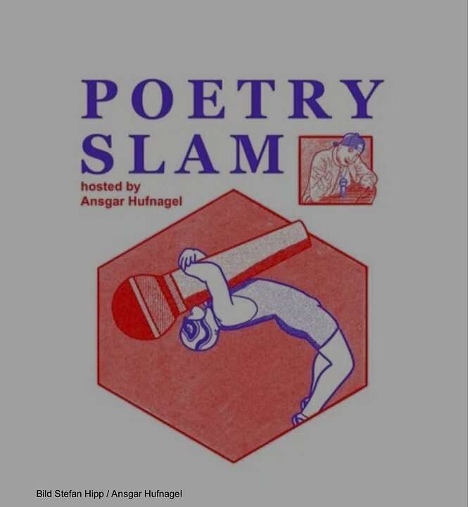 Plakat für Poetry Slam mit rotem Würfel und Text, moderiert von Ans (KI generiert)
