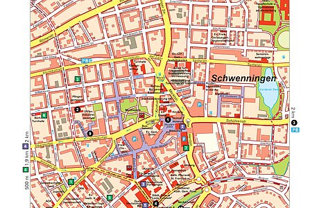 Stadtplan des Bezirks Schwenningen (Villingen‑Schwenningen) mit Straßen, markierten Sehenswürdigkeiten, Parks, Bahnhofs- und ÖPNV-Symbolen sowie Legende.