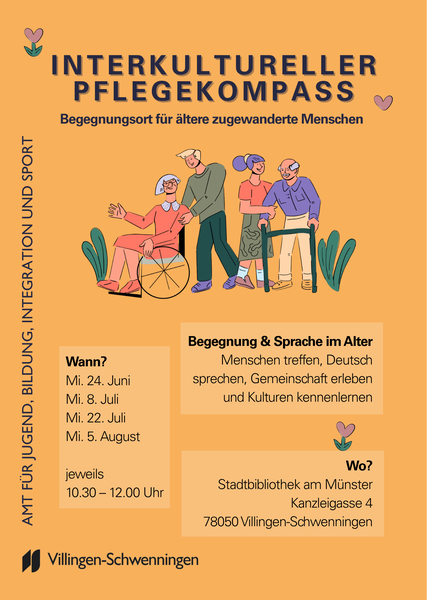 Plakat "Interkultureller Pflegekompass" – Begegnungsort für ältere zugewanderte Menschen. Gezeichnete, vielfältige ältere Personen (Rollstuhl, Gehhilfe). Angebot: Treffen, Deutsch sprechen, Gemeinschaft erleben und Kulturen kennenlernen.