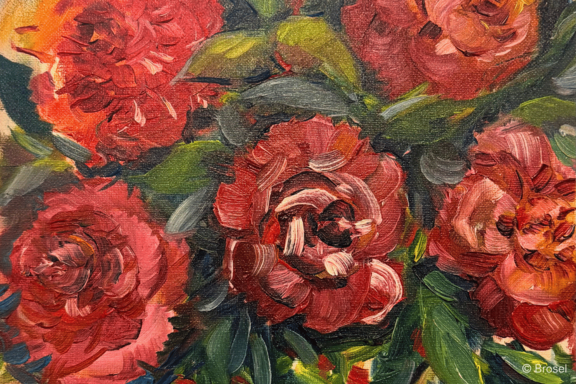 Nahaufnahme eines pastosen Gemäldes mit mehreren üppigen, rot-pinken Rosen und grünen Blättern, ausgeführt mit sichtbaren, expressiven Pinselstrichen.