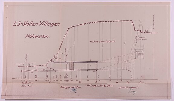 Technische Höhenzeichnung des LS‑Stollens Villingen: Längsschnitt durch einen Hang mit eingezeichnetem Stollen, Eingängen, Maßen und beschrifteten geologischen Schichten (unterer Muschelkalk); Datum 30.6.1944.