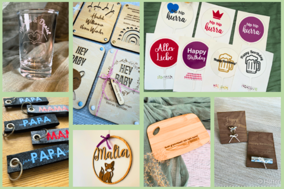 Collage personalisierter Geschenkartikel: graviertes Trinkglas, Holz-Schlüsselanhänger mit Namen, runde Holzanhänger (z. B. "Malia" mit Fuchs), Aufkleber mit Grüßen sowie gravierte Schneidebretter und kleine Holztafeln.
