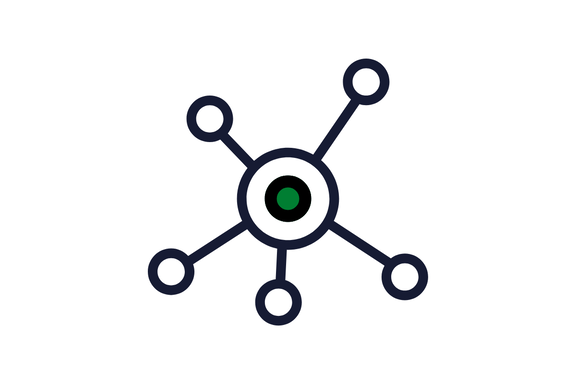 Symbol eines Netzwerks: ein zentraler Kreis mit grünem Punkt, von dem fünf Linien zu äußeren Kreisen ausgehen.