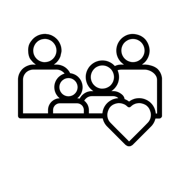 Symbolische Darstellung einer Familie mit zwei Erwachsenen und zwei Kindern neben einem Herz, symbolisiert Liebe, Fürsorge und Zusammenhalt.