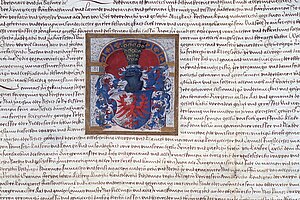 Historische Pergamenturkunde mit dichtem kalligrafischem Text, mittigem farbigem Wappen und unten hängendem rotem Wachssiegel an rot-weißen Zöpfen.