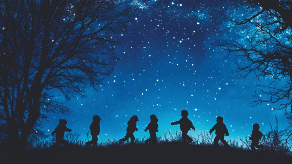 Gruppe von Menschen unter einem Sternenhimmel mit leuchtenden Bäumen im Freien. (KI generiert)