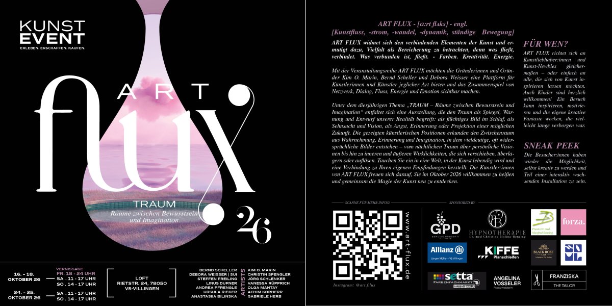 Plakat für Kunst-Event ART FLUX mit Traum-Thema, 16.-26.10.2020, Loft Proggo, Bernau. (KI generiert)