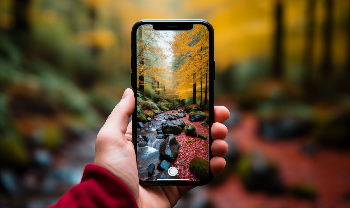 Hand hält Smartphone mit Foto eines Blumenbeets in einem Park. (KI generiert)