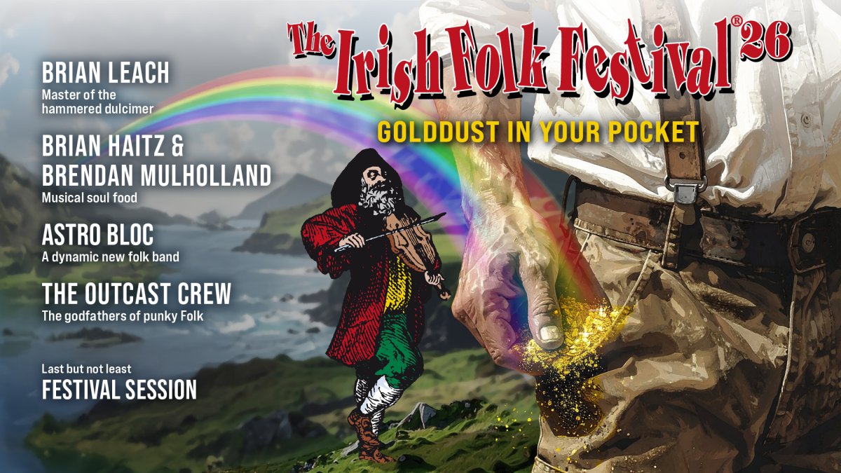 Plakat zum Irish Folk Festival 136 mit Bands wie Brian Leach und Astro Bloc. Goldener Rahmen mit Harfe. (KI generiert)