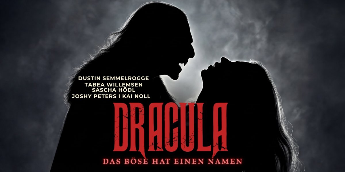 Plakat zu 'Dracula' mit Schattenriss eines Mannes und Namen der Darsteller. (KI generiert)