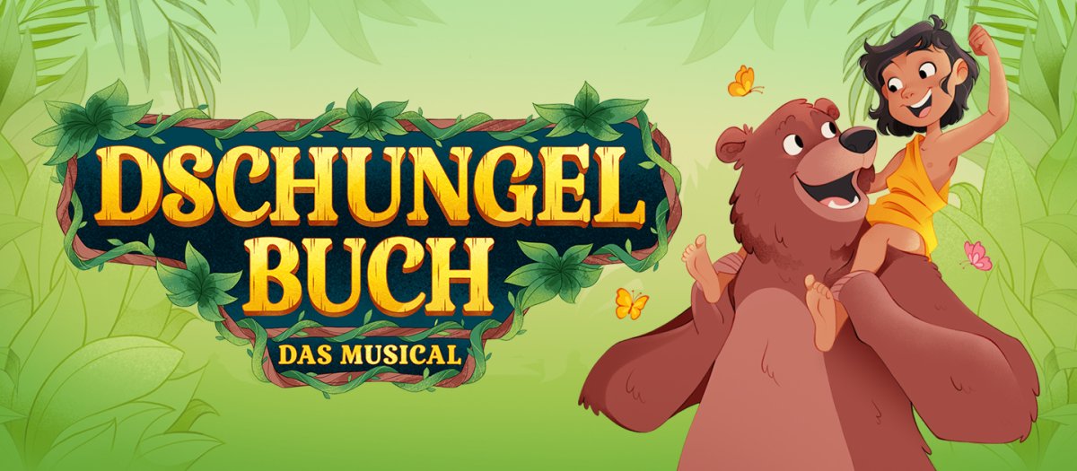 Musical-Poster: Frau mit Affe in Dschungel-Szene, Titel 'Dschungelbuch Das Musical'. (KI generiert)